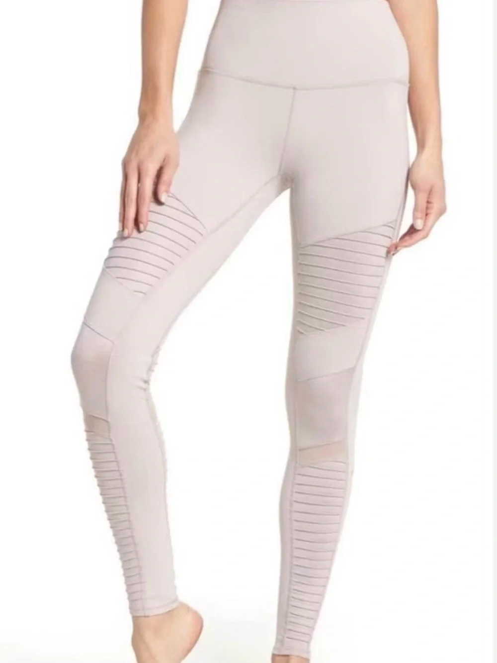 ALO Yoga Ribbed Moto High-Waist Leggings - Light Taupe